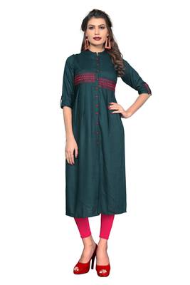 Dark-green plain rayon ethnic kurtis 1