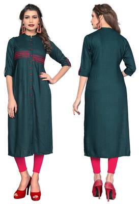 Dark-green plain rayon ethnic kurtis 5