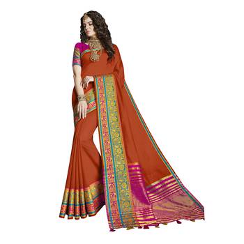 Orange woven cotton silk saree with blouse 1