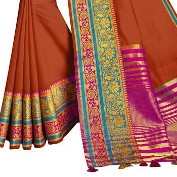 Orange woven cotton silk saree with blouse 3