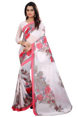 White printed georgette saree with blouse 1