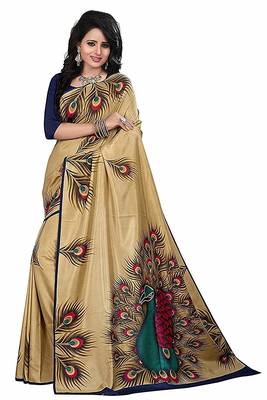 Gold printed art silk saree with blouse 1