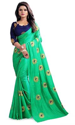 Green printed art silk saree with blouse 1