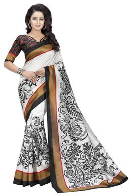 White printed art silk saree with blouse 1