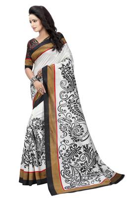 White printed art silk saree with blouse 2