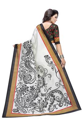White printed art silk saree with blouse 3