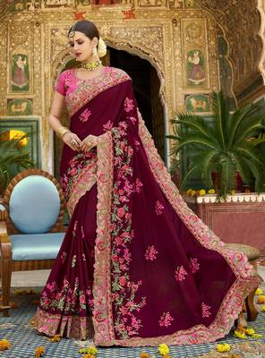 Maroon embroidered silk blend  saree with blouse 1