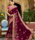 Maroon embroidered silk blend  saree with blouse