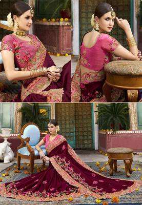 Maroon embroidered silk blend  saree with blouse 2