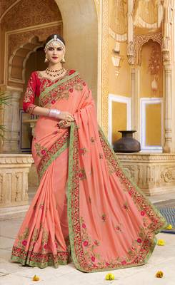 Peach Embroidered Silk Blend Saree With Blouse 1