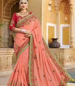 Peach Embroidered Silk Blend Saree With Blouse