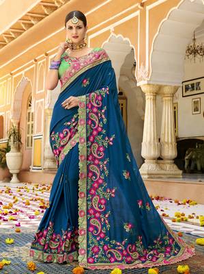 Blue Embroidered Silk Blend Saree With Blouse 1