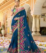 Blue Embroidered Silk Blend Saree With Blouse