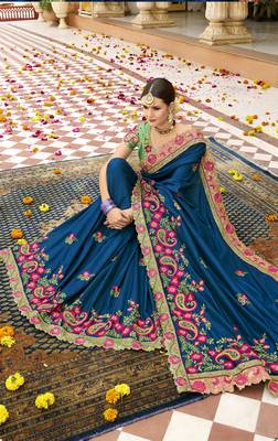 Blue Embroidered Silk Blend Saree With Blouse 2