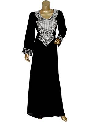 Grey Embroidered Crystal Embellished Arabian Traditional Chiffon Kaftan / Gown 1