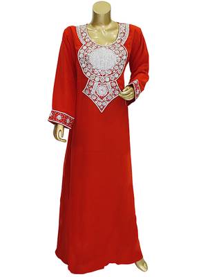 Red Embroidered Crystal Embellished Arabian Traditional Chiffon Kaftan / Gown 1