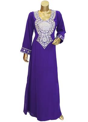 Purple Embroidered Crystal Embellished Arabian Traditional Chiffon Kaftan / Gown 1