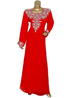 Red Crystal Embellished Islamic Traditional Kaftan Gown Caftan Maxi 1