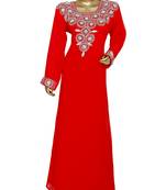 Red Crystal Embellished Islamic Traditional Kaftan Gown Caftan Maxi