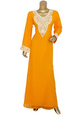 Orange Arabian Crystal Embellished Traditional Chiffon Kaftan Gown Abaya 1