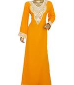 Orange Arabian Crystal Embellished Traditional Chiffon Kaftan Gown Abaya