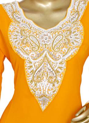 Orange Arabian Crystal Embellished Traditional Chiffon Kaftan Gown Abaya 2