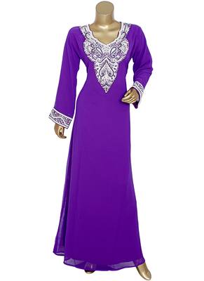 Purple Arabian Crystal Embellished Traditional Chiffon Kaftan Gown Abaya 1