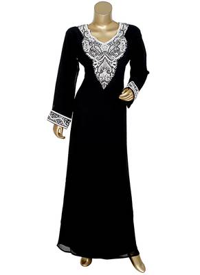 Black Arabian Crystal Embellished Traditional Chiffon Kaftan Gown Abaya 1