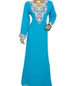 Turquoise Blue Arabian Crystal Embellished Traditional Chiffon Kaftan Gown Abaya
