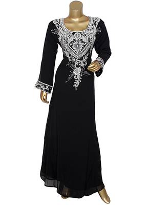 Black Crystal Embellished Traditional Islamic Chiffon Kaftan Abaya Caftan 1