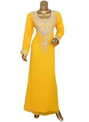 Yellow Crystal Embellished Traditional Islamic Chiffon Kaftan Abaya Caftan 1