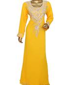 Yellow Crystal Embellished Traditional Islamic Chiffon Kaftan Abaya Caftan