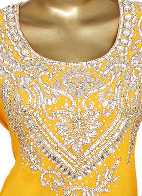 Yellow Crystal Embellished Traditional Islamic Chiffon Kaftan Abaya Caftan 2