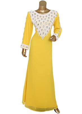 Yellow Beads Embellished Traditional Chiffon Kaftan Gown Abaya Caftan 1