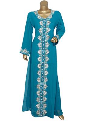 Teal Green Crystal & Beads Embellished Chiffon Kaftan Gown Abaya Caftan 1