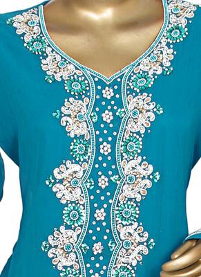 Teal Green Crystal & Beads Embellished Chiffon Kaftan Gown Abaya Caftan 2