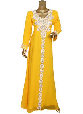 Yellow Traditional Kaftan Gown Embroidered with Crystal & Beads Abaya 1