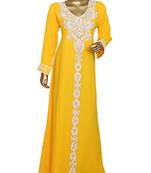 Yellow Traditional Kaftan Gown Embroidered with Crystal & Beads Abaya