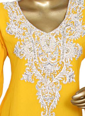 Yellow Traditional Kaftan Gown Embroidered with Crystal & Beads Abaya 2