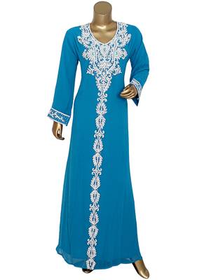 Turquoise Blue Traditional Kaftan Gown Embroidered with Crystal & Beads Abaya 1