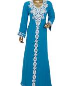 Turquoise Blue Traditional Kaftan Gown Embroidered with Crystal & Beads Abaya