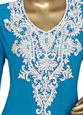 Turquoise Blue Traditional Kaftan Gown Embroidered with Crystal & Beads Abaya 2