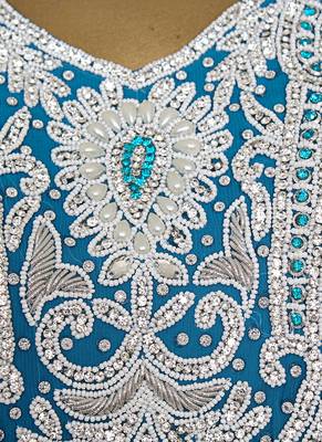 Turquoise Blue Traditional Kaftan Gown Embroidered with Crystal & Beads Abaya 3