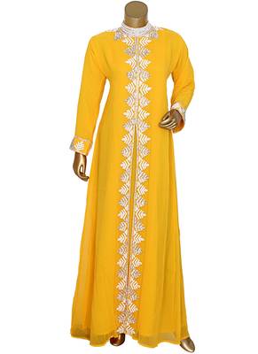 Yellow Arabian Traditional Crystal Embellished Kaftan Abaya 1