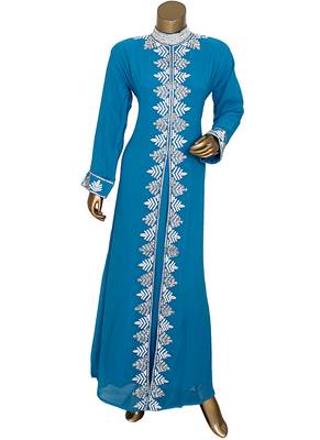 Turquoise Blue Arabian Traditional Crystal Embellished Kaftan Abaya 1