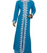 Turquoise Blue Arabian Traditional Crystal Embellished Kaftan Abaya