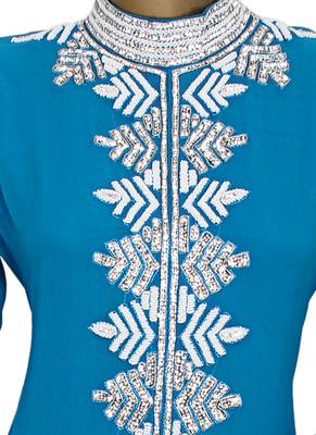 Turquoise Blue Arabian Traditional Crystal Embellished Kaftan Abaya 2