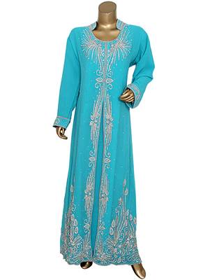 Aqua Green Crystal Embellished Chiffon Kaftan Gown Abaya Caftan 1