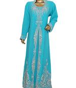 Aqua Green Crystal Embellished Chiffon Kaftan Gown Abaya Caftan