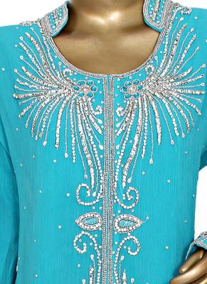 Aqua Green Crystal Embellished Chiffon Kaftan Gown Abaya Caftan 2